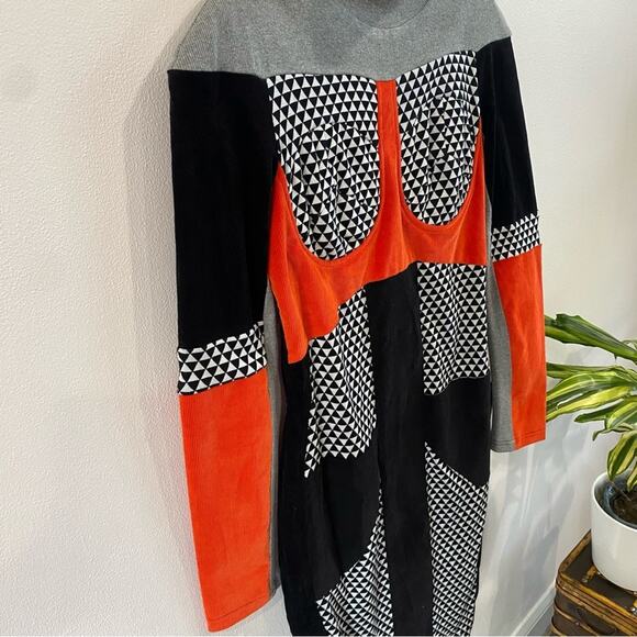 Nuvula Geometric Colorblock Long Sleeve Mock Neck Retro Mod Midi Dress Sz M - Picture 4 of 13